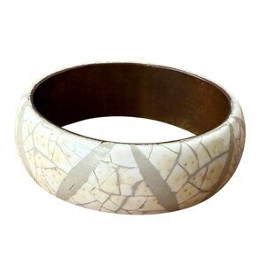Vintage Mosaic Inlay Brass Bangle Bracelet 7.5" Diameter Bohemian Style